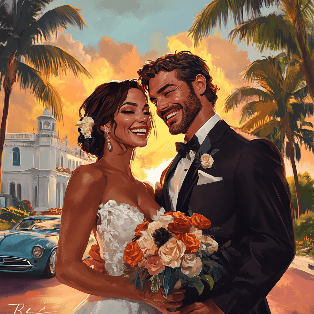 Une mariée en robe blanche tenant un bouquet de fleurs, entourée d'invités souriants lors de son mariage